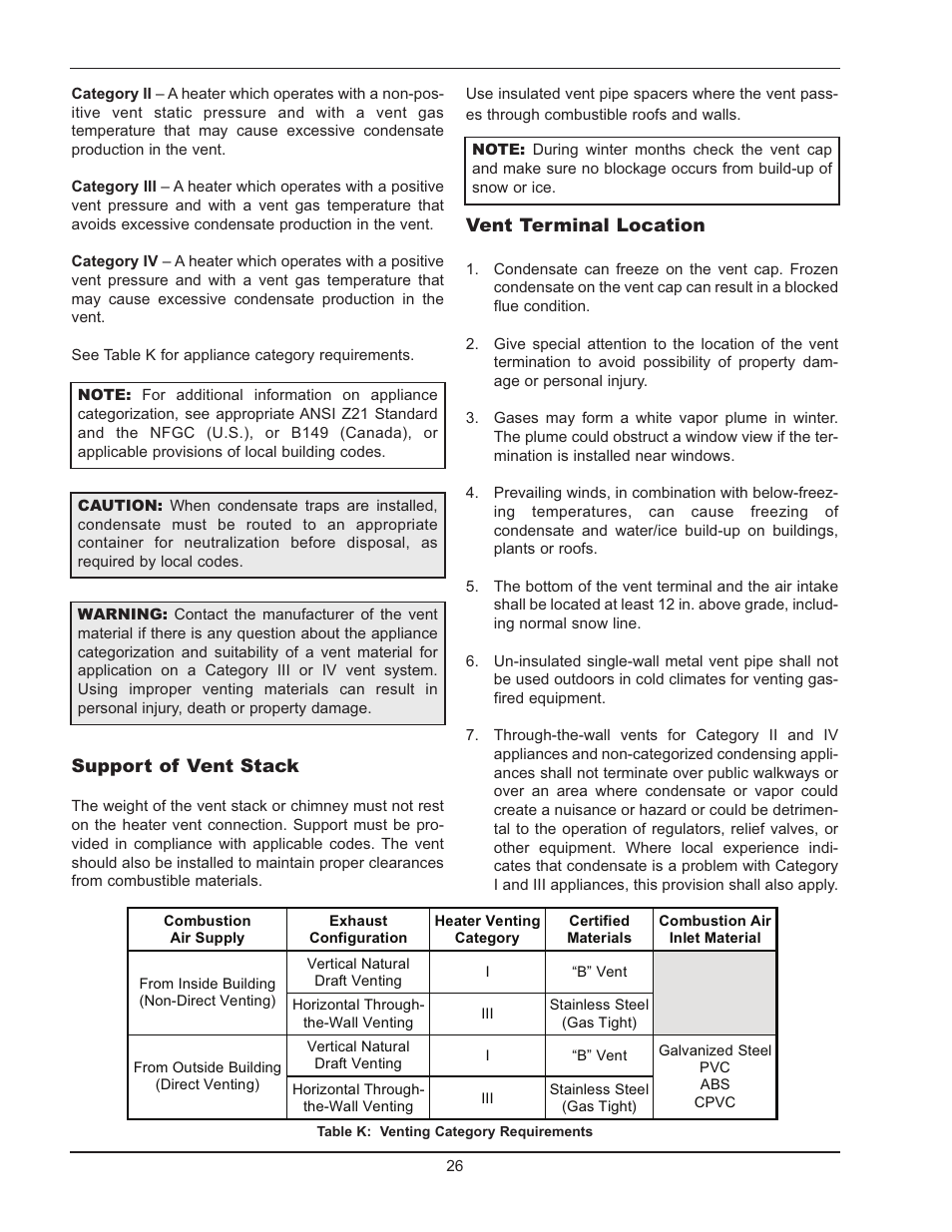 Support of vent stack, Vent terminal location | Raypak Hi Delta 992B-1262B User Manual | Page 26 / 66