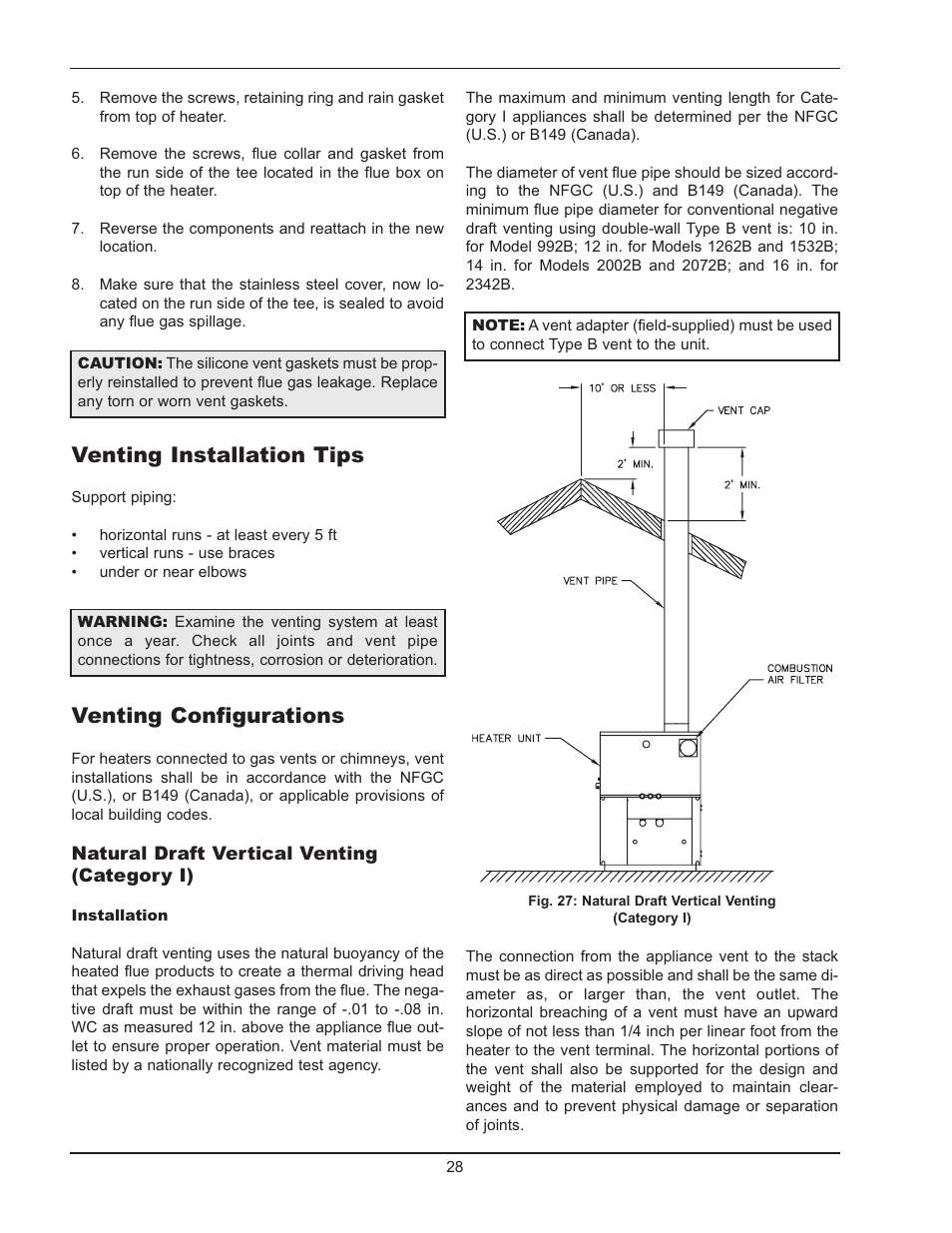 Venting installation tips, Venting configurations | Raypak Hi Delta 992B-1262B User Manual | Page 28 / 66