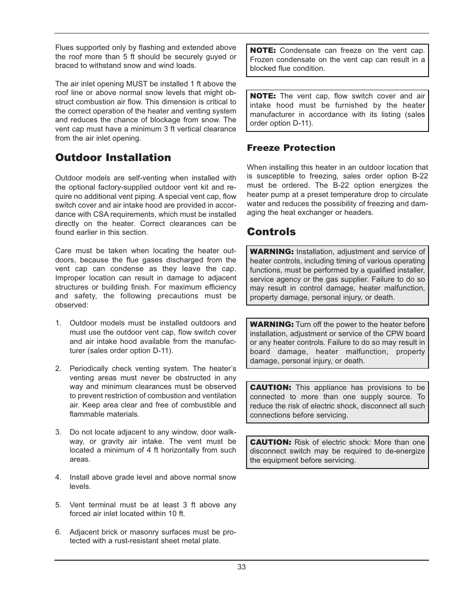 Outdoor installation, Controls | Raypak Hi Delta 992B-1262B User Manual | Page 33 / 66