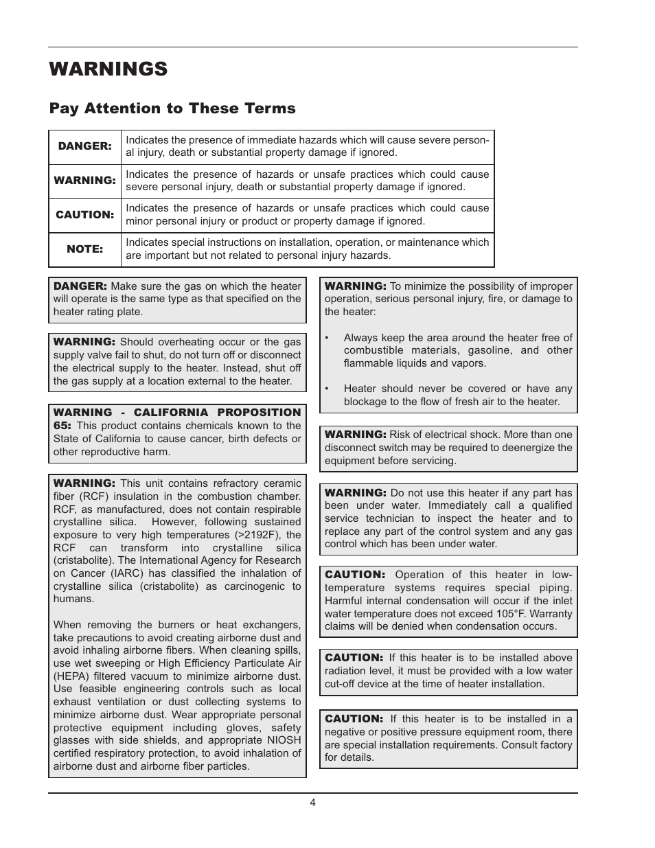 Warnings, Pay attention to these terms | Raypak Hi Delta 992B-1262B User Manual | Page 4 / 66