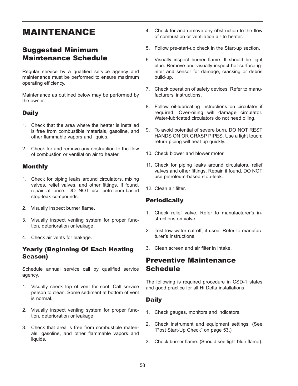 Maintenance, Suggested minimum maintenance schedule, Preventive maintenance schedule | Raypak Hi Delta 992B-1262B User Manual | Page 58 / 66