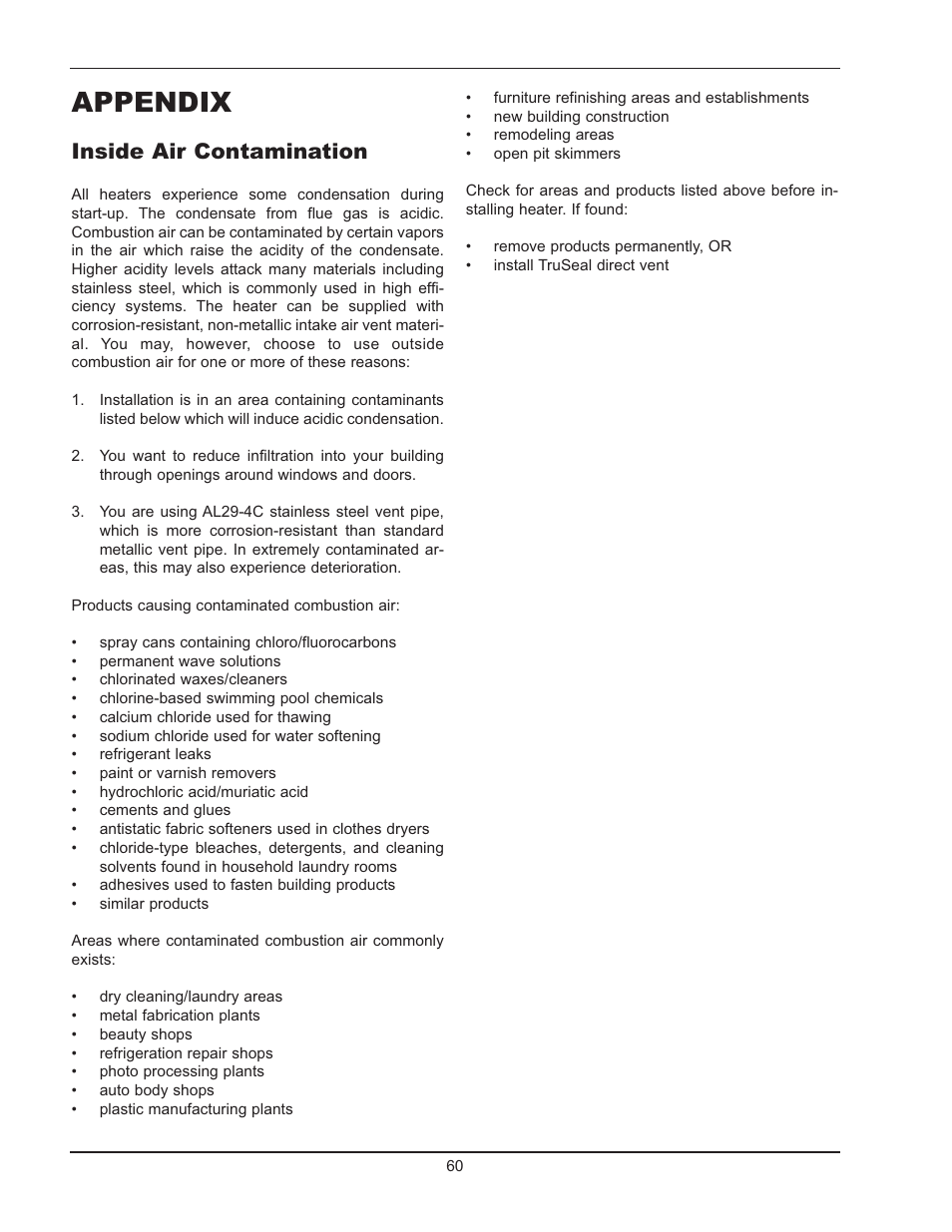 Appendix, Inside air contamination | Raypak Hi Delta 992B-1262B User Manual | Page 60 / 66