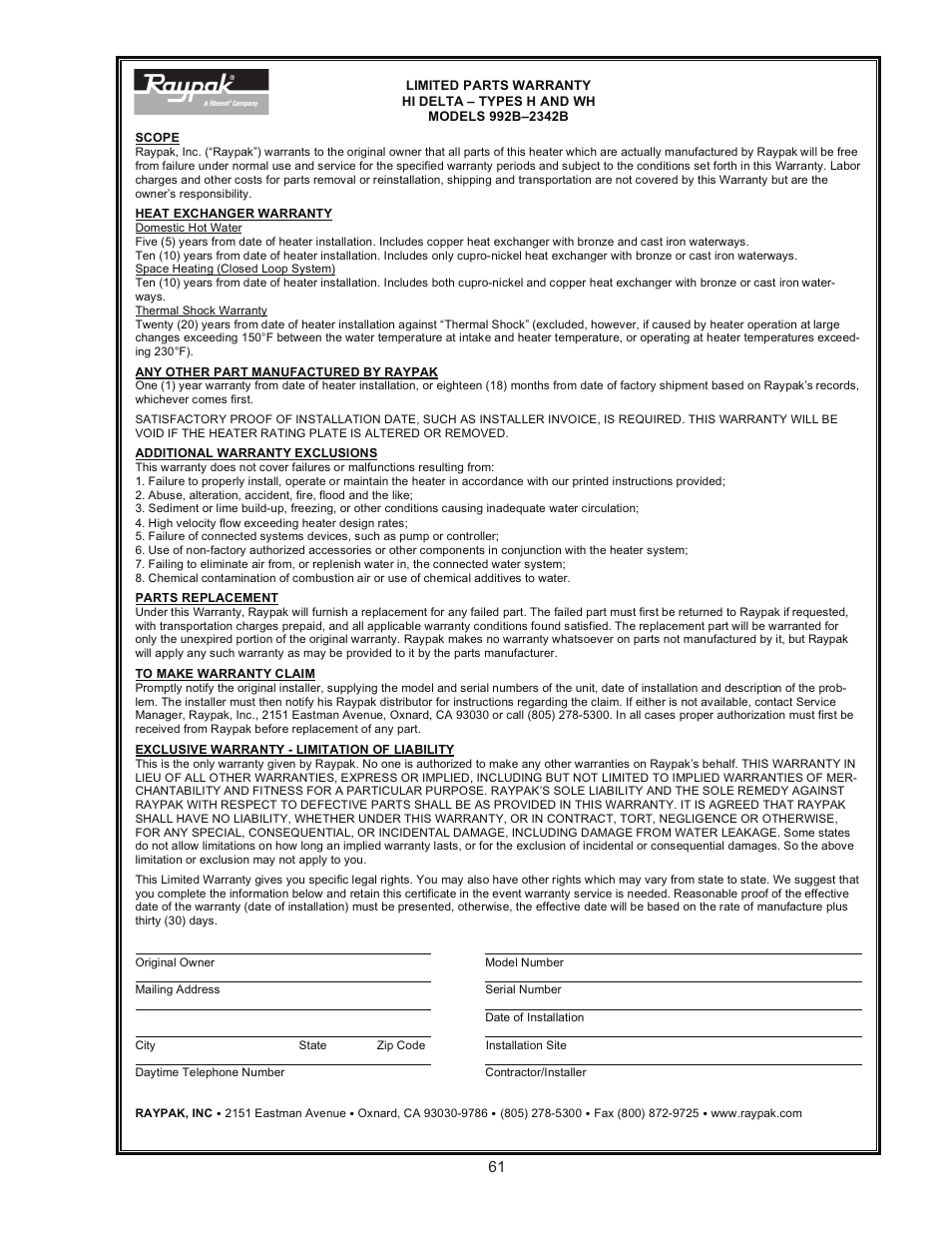 Raypak Hi Delta 992B-1262B User Manual | Page 61 / 66