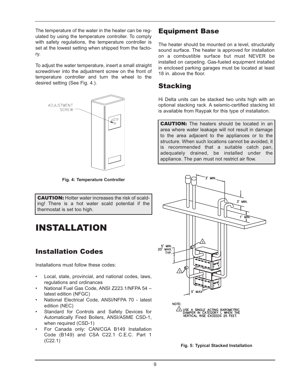 Installation, Installation codes, Equipment base | Stacking | Raypak Hi Delta 992B-1262B User Manual | Page 9 / 66