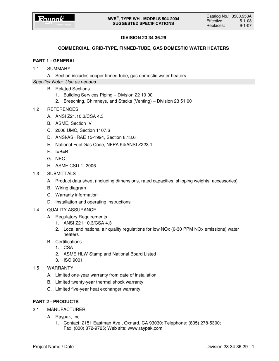 Raypak 504-2004 User Manual | 4 pages