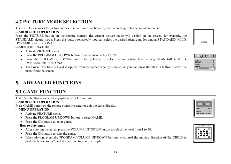 7 picture mode selection, Advanced functions 5.1 game function | Hyundai H-TV2103PF User Manual | Page 18 / 49
