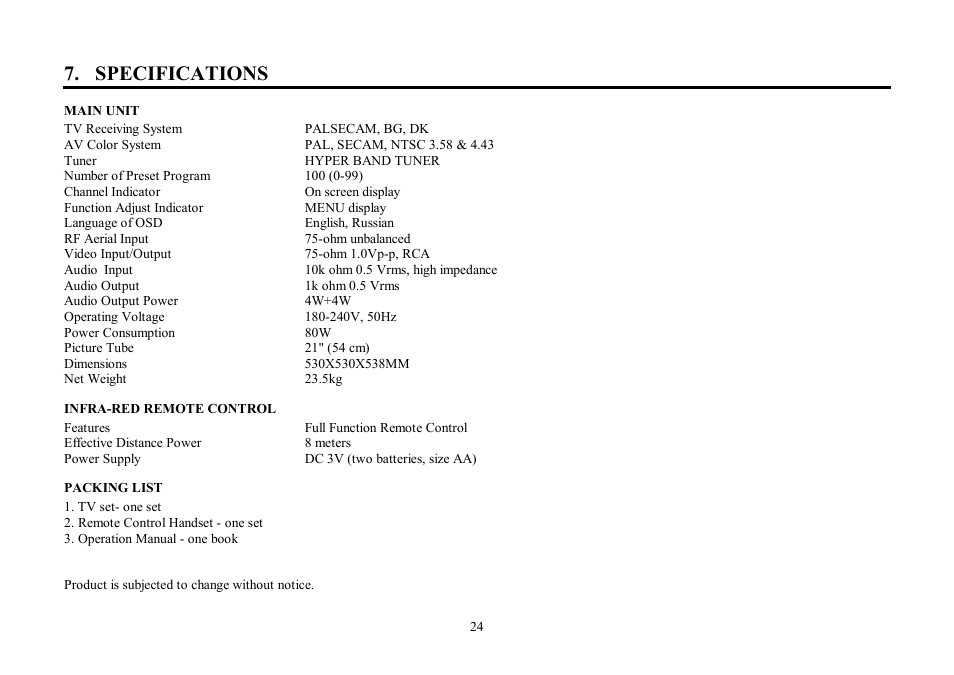 Specifications | Hyundai H-TV2103PF User Manual | Page 24 / 49