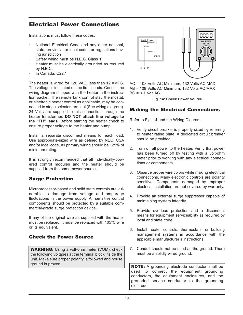 Electrical power connections | Raypak HI DELTA HD101 User Manual | Page 19 / 48