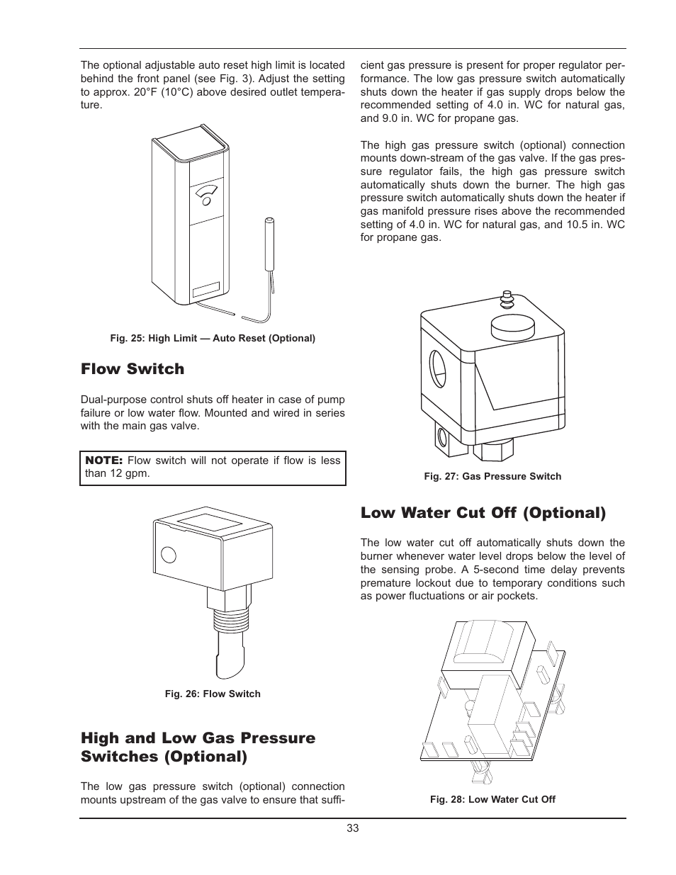 Low water cut off (optional), Flow switch, High and low gas pressure switches (optional) | Raypak HI DELTA HD101 User Manual | Page 33 / 48