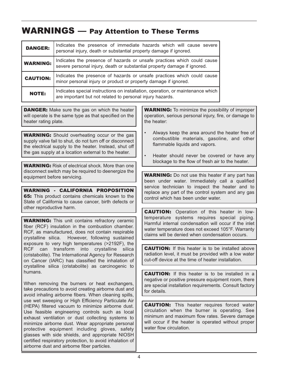 Warnings, Pay attention to these terms | Raypak HI DELTA HD101 User Manual | Page 4 / 48