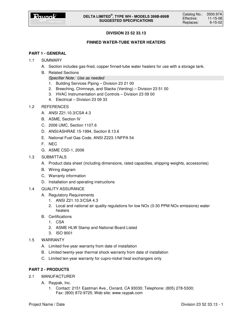 Raypak DEL TA LIMITED 899B User Manual | 5 pages