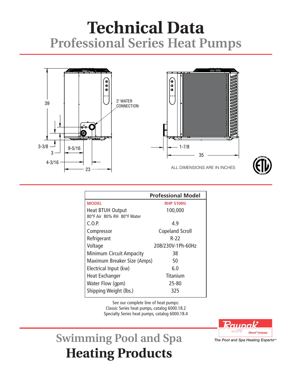 Raypak RHP 5100ti User Manual | 2 pages