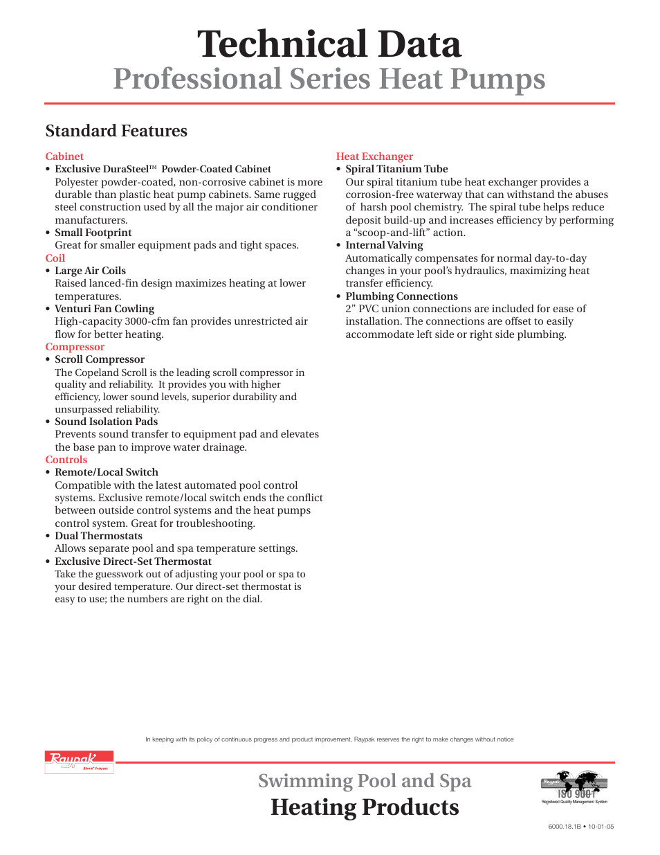 Technical data, Professional series heat pumps, Heating products | Swimming pool and spa, Standard features | Raypak RHP 5100ti User Manual | Page 2 / 2