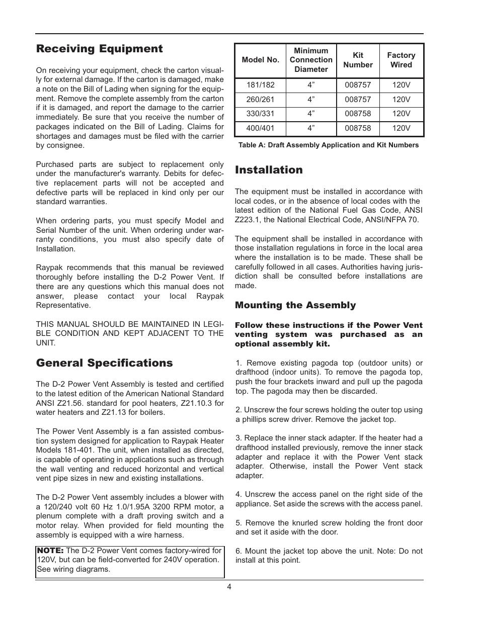 Warning, Warnings, Receiving equipment | General specifications, Installation | Raypak 400/401 User Manual | Page 4 / 16