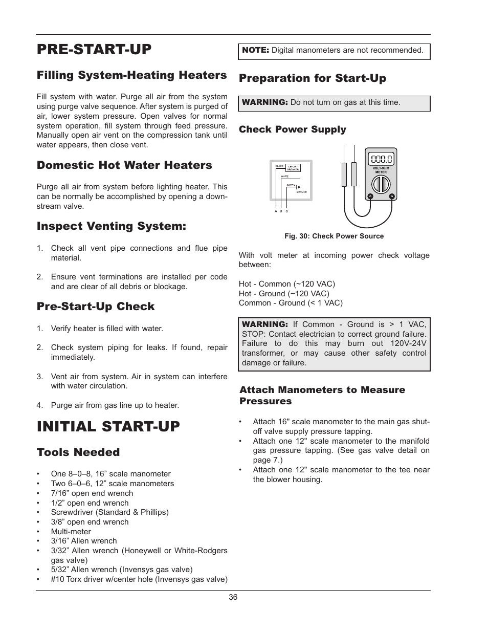 Pre-start-up, Filling system-heating heaters, Domestic hot water heaters | Inspect venting system, Pre-start-up check, Initial start-up, Tools needed, Preparation for start-up | Raypak HI DALTA HD101 User Manual | Page 36 / 48