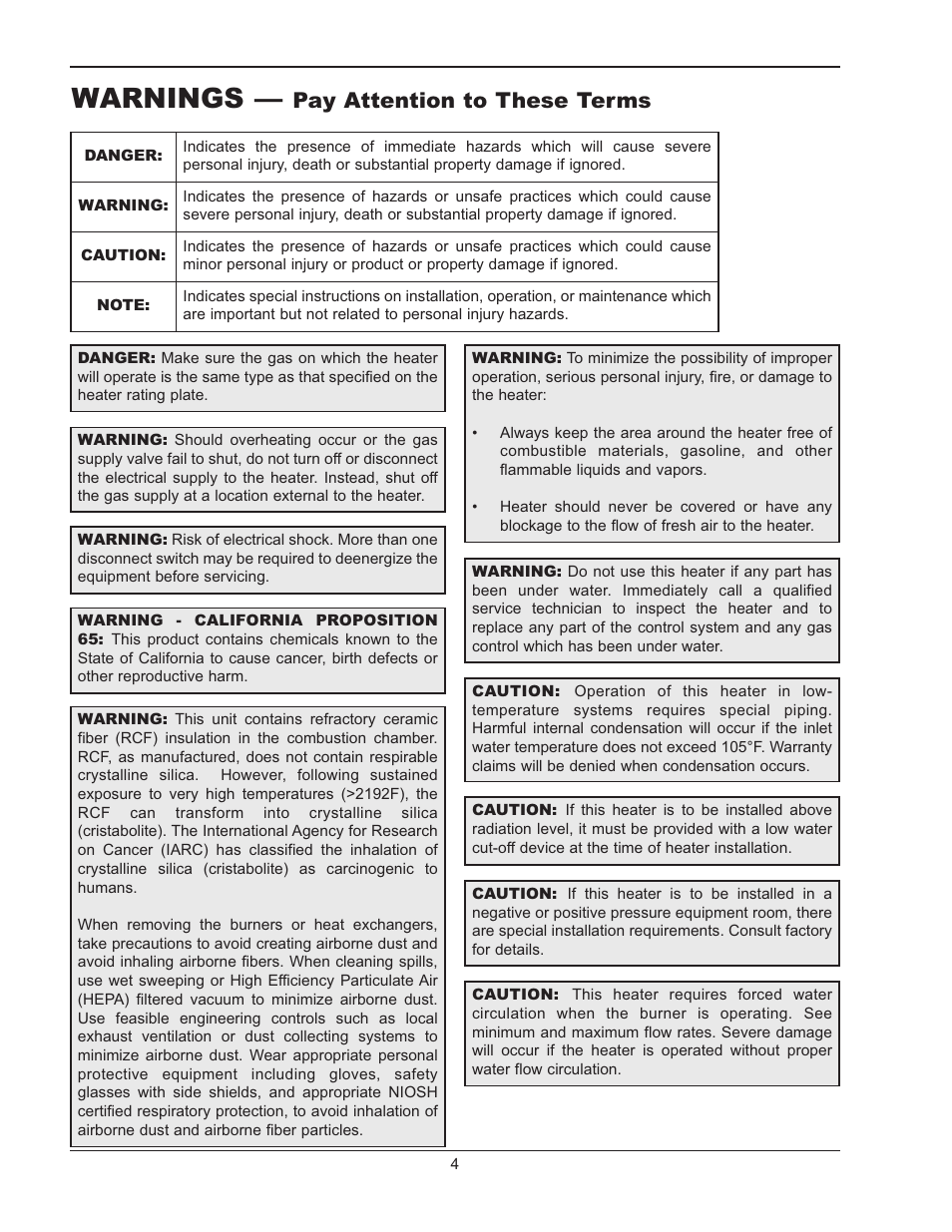 Warnings, Pay attention to these terms | Raypak HI DALTA HD101 User Manual | Page 4 / 48