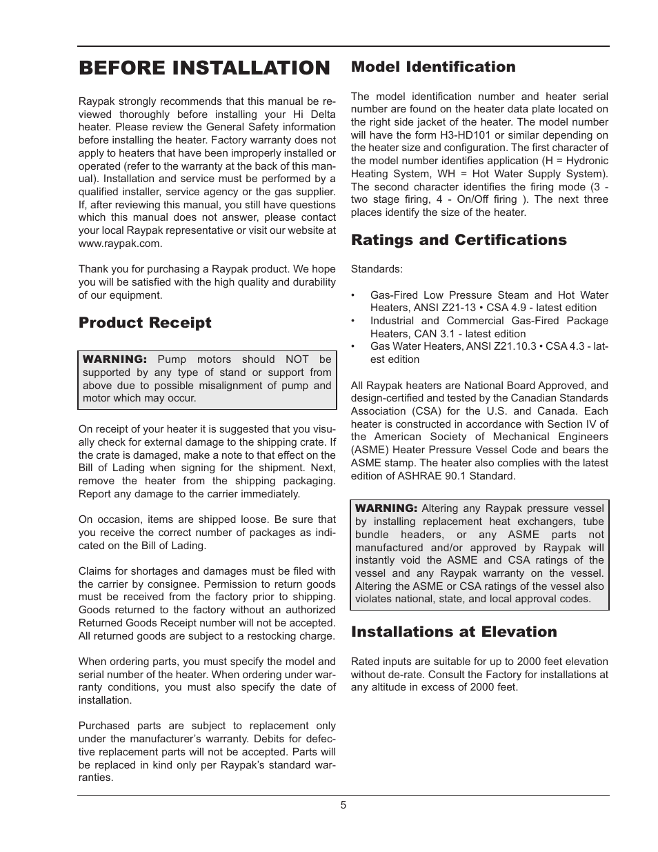 Before installation, Product receipt, Model identification | Ratings and certifications, Installations at elevation | Raypak HI DALTA HD101 User Manual | Page 5 / 48