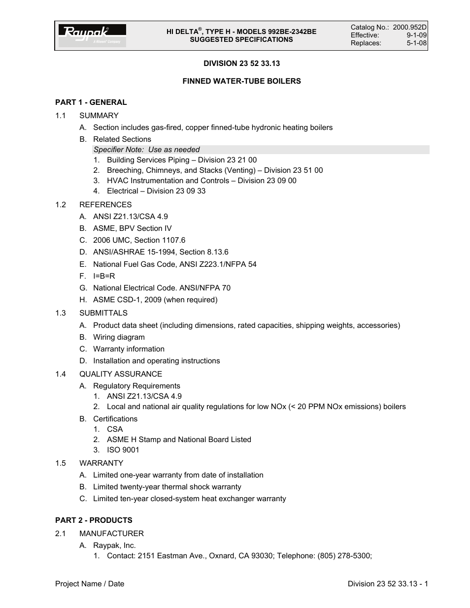 Raypak 2342BE User Manual | 5 pages