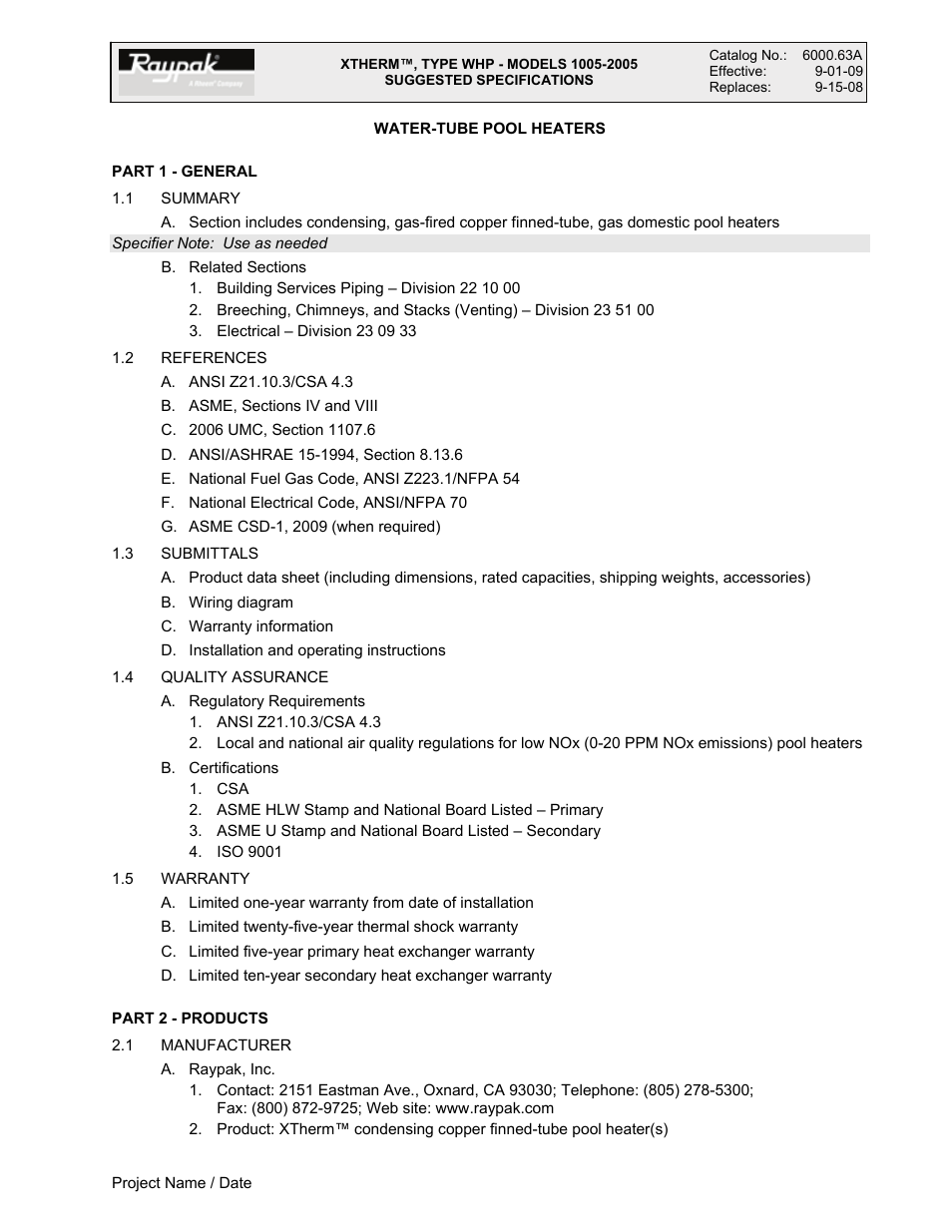 Raypak XTHERM 1005 User Manual | 5 pages