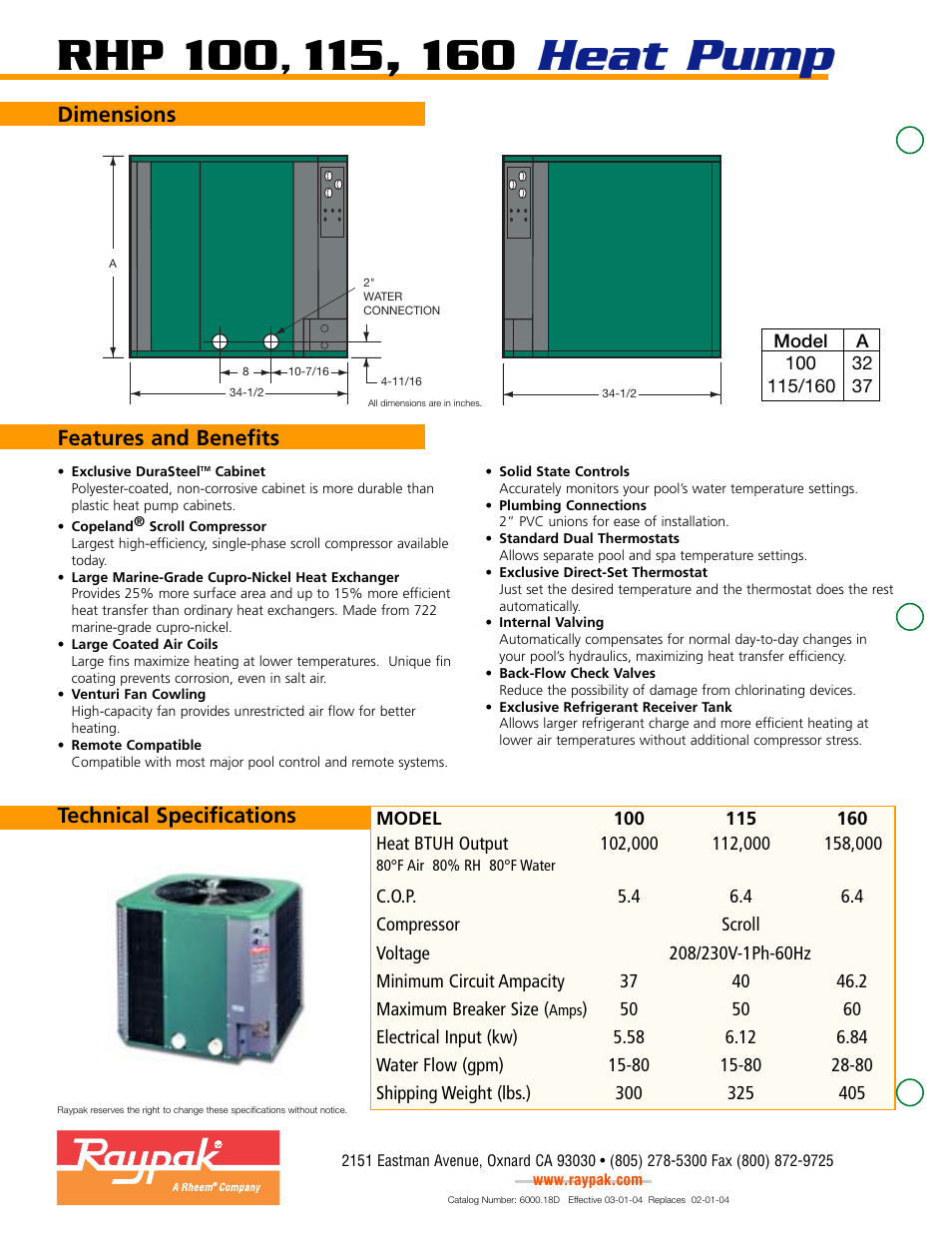 Rhp 100, Dimensions technical specifications, Features and benefits | Raypak RHP115 User Manual | Page 2 / 2