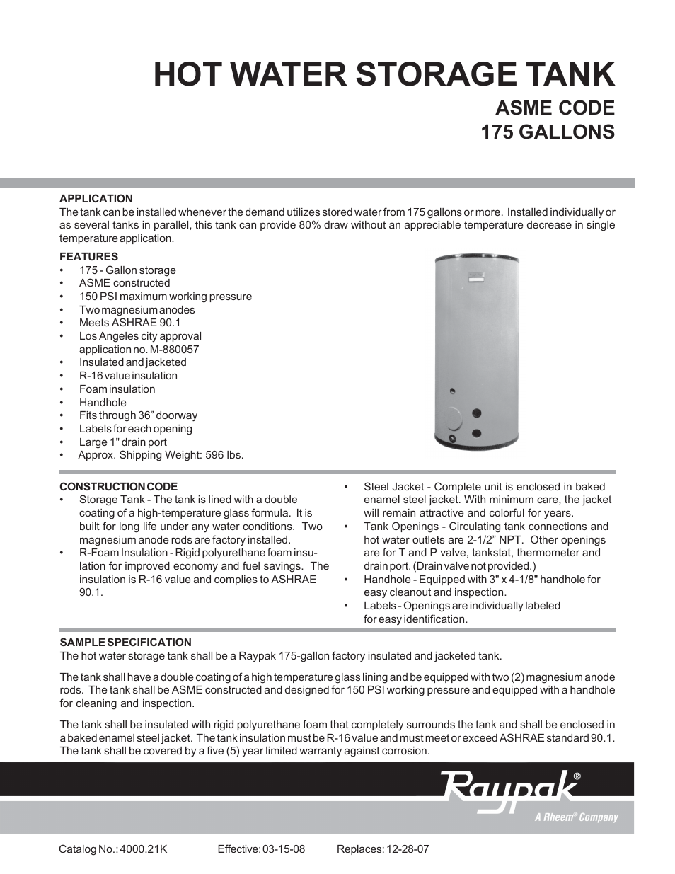 Raypak Hot Water Storage Tank ASME CODE User Manual | 2 pages