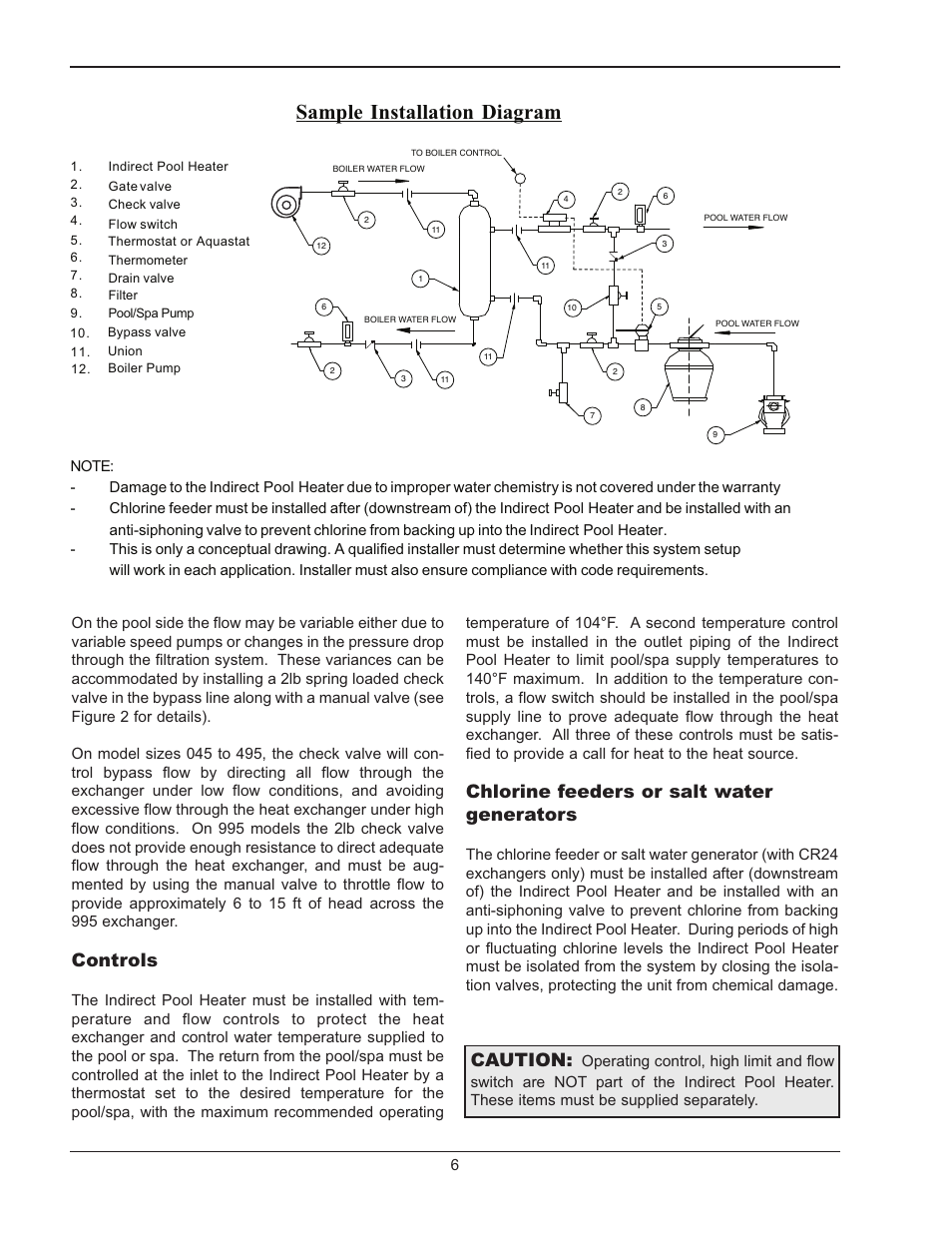 Sample installation diagram, Controls, Chlorine feeders or salt water generators | Caution | Raypak RP-995 User Manual | Page 6 / 8