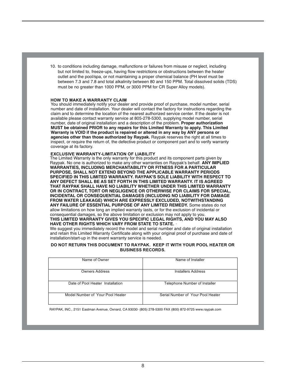 Raypak RP-995 User Manual | Page 8 / 8