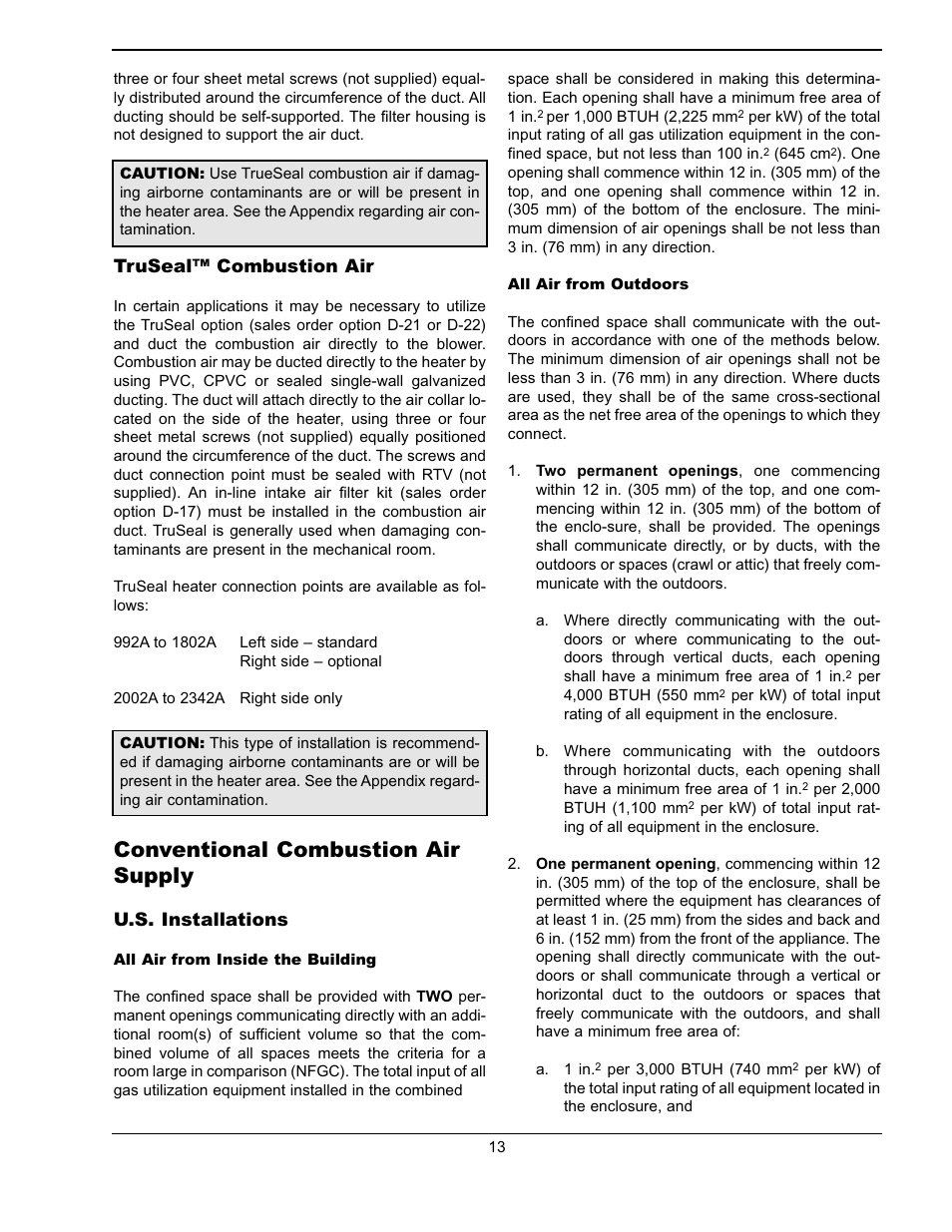 Conventional combustion air supply, Truseal™ combustion air, U.s. installations | Raypak WH & P L W User Manual | Page 13 / 64