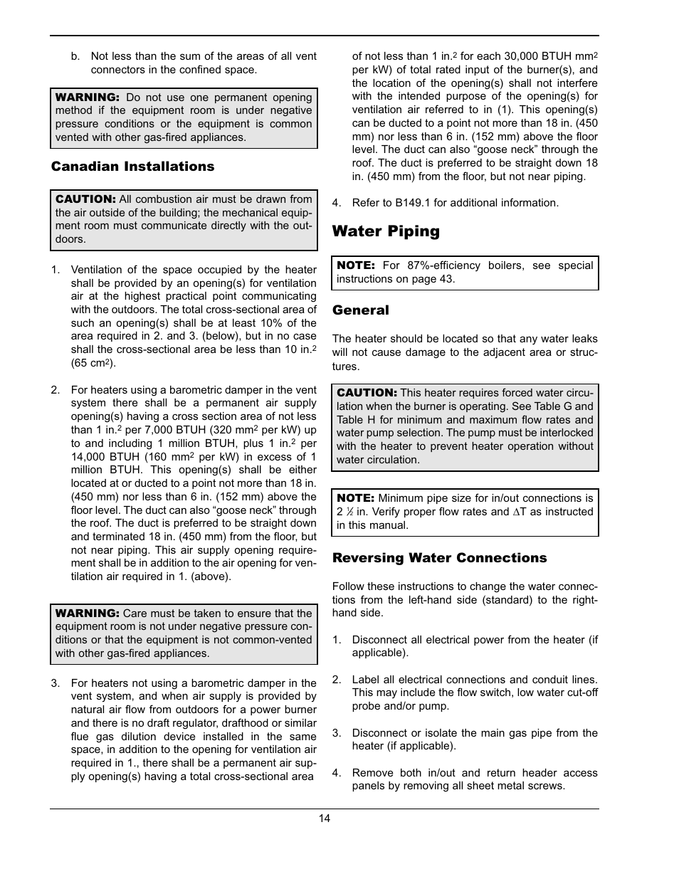 Water piping, General, Reversing water connections | Canadian installations | Raypak WH & P L W User Manual | Page 14 / 64