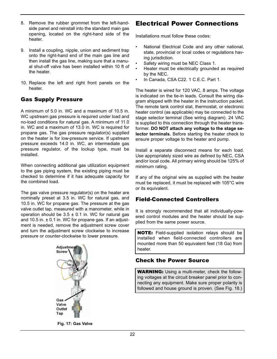 Electrical power connections | Raypak WH & P L W User Manual | Page 22 / 64