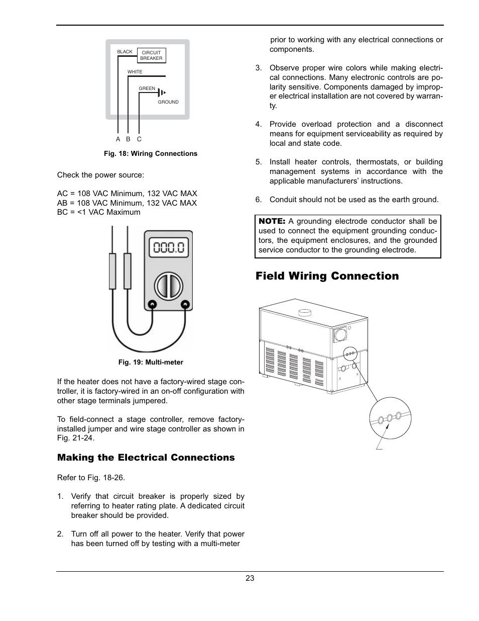Field wiring connection, Making the electrical connections | Raypak WH & P L W User Manual | Page 23 / 64