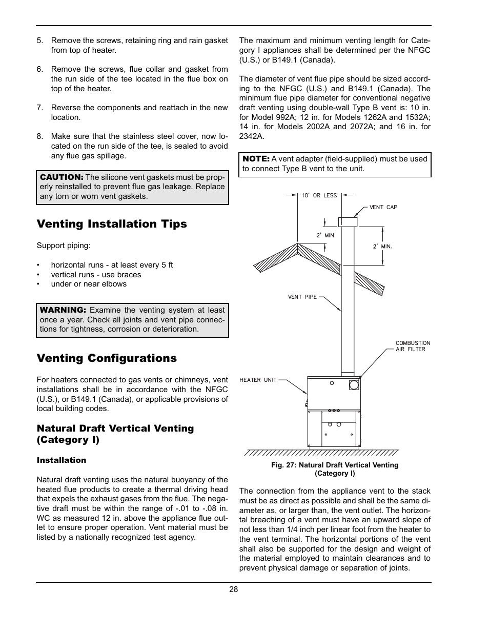 Venting installation tips, Venting configurations | Raypak WH & P L W User Manual | Page 28 / 64