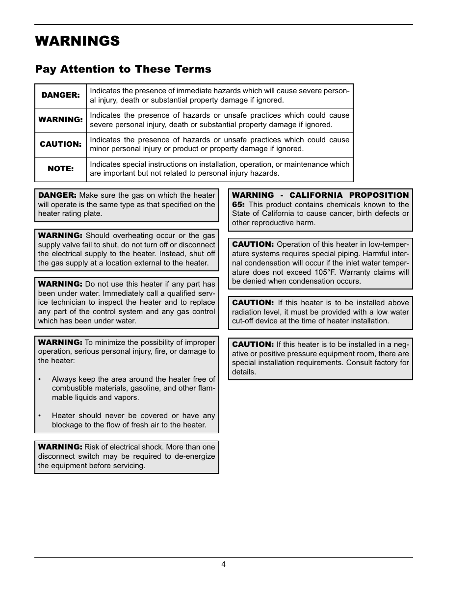 Warnings, Pay attention to these terms | Raypak WH & P L W User Manual | Page 4 / 64