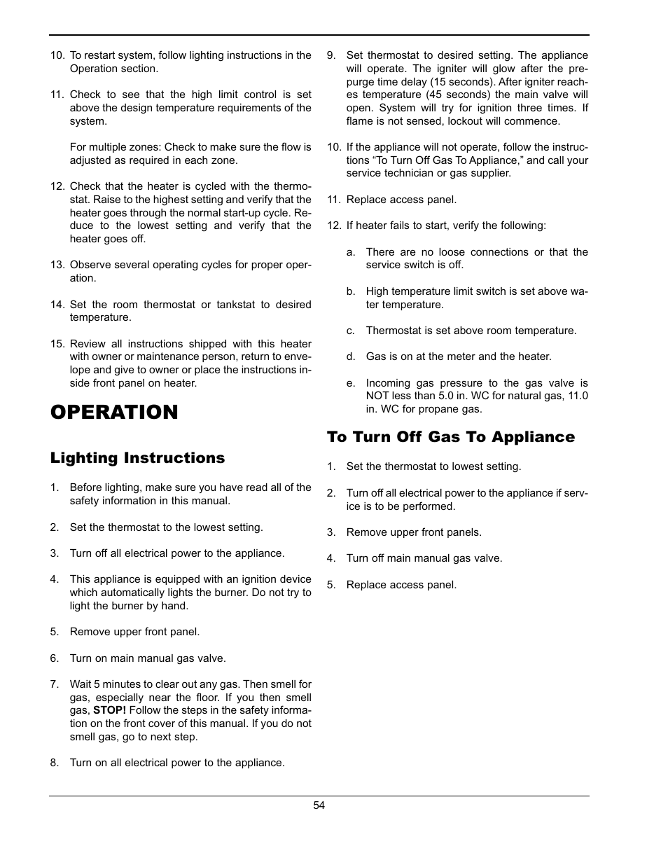 Operation, Lighting instructions | Raypak WH & P L W User Manual | Page 54 / 64