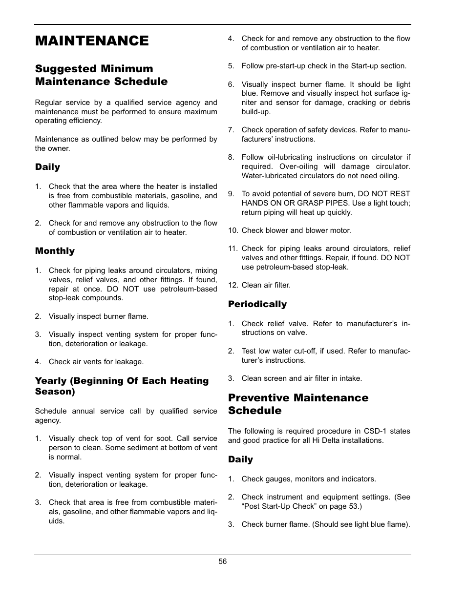 Maintenance, Suggested minimum maintenance schedule, Preventive maintenance schedule | Raypak WH & P L W User Manual | Page 56 / 64