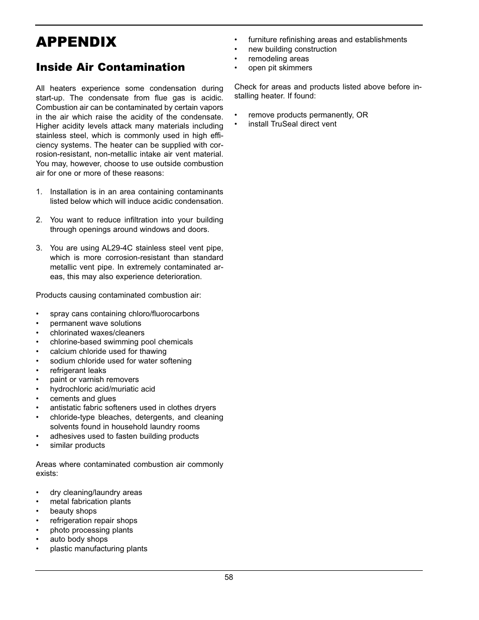 Appendix, Inside air contamination | Raypak WH & P L W User Manual | Page 58 / 64