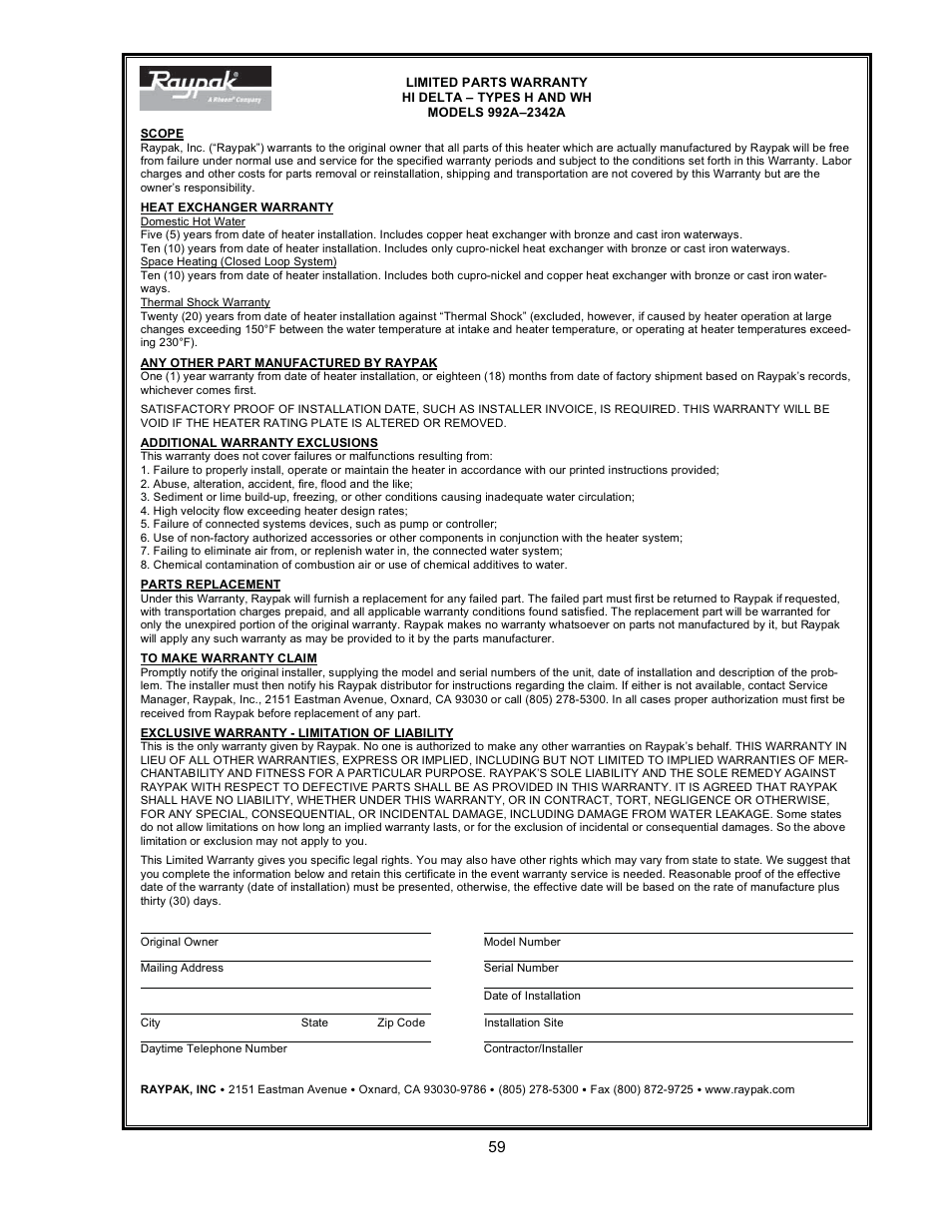 Raypak WH & P L W User Manual | Page 59 / 64