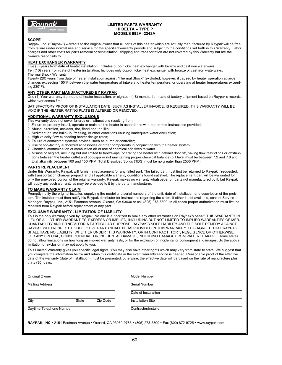 Raypak WH & P L W User Manual | Page 60 / 64