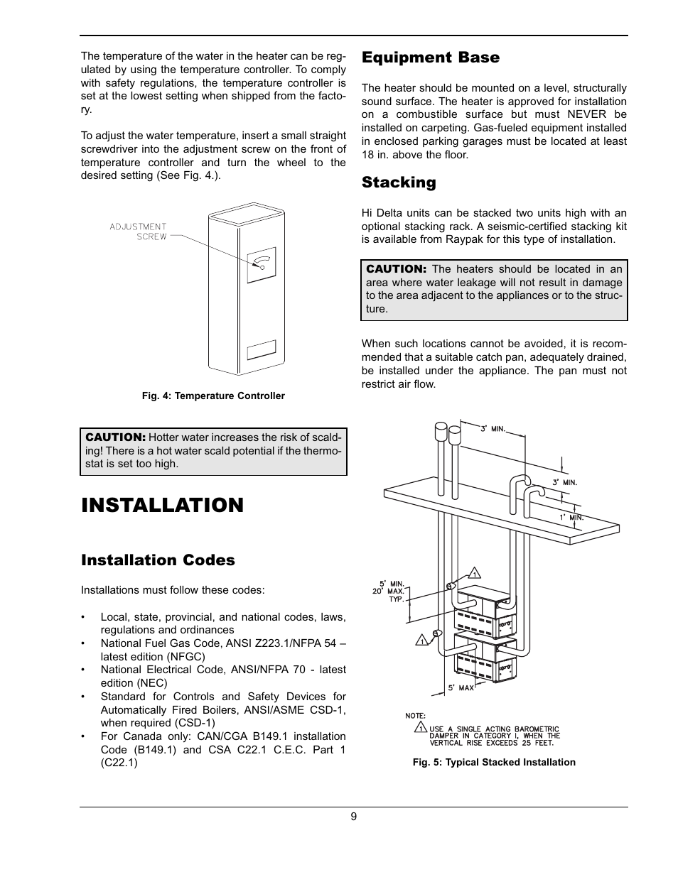 Installation, Installation codes, Equipment base | Stacking | Raypak WH & P L W User Manual | Page 9 / 64