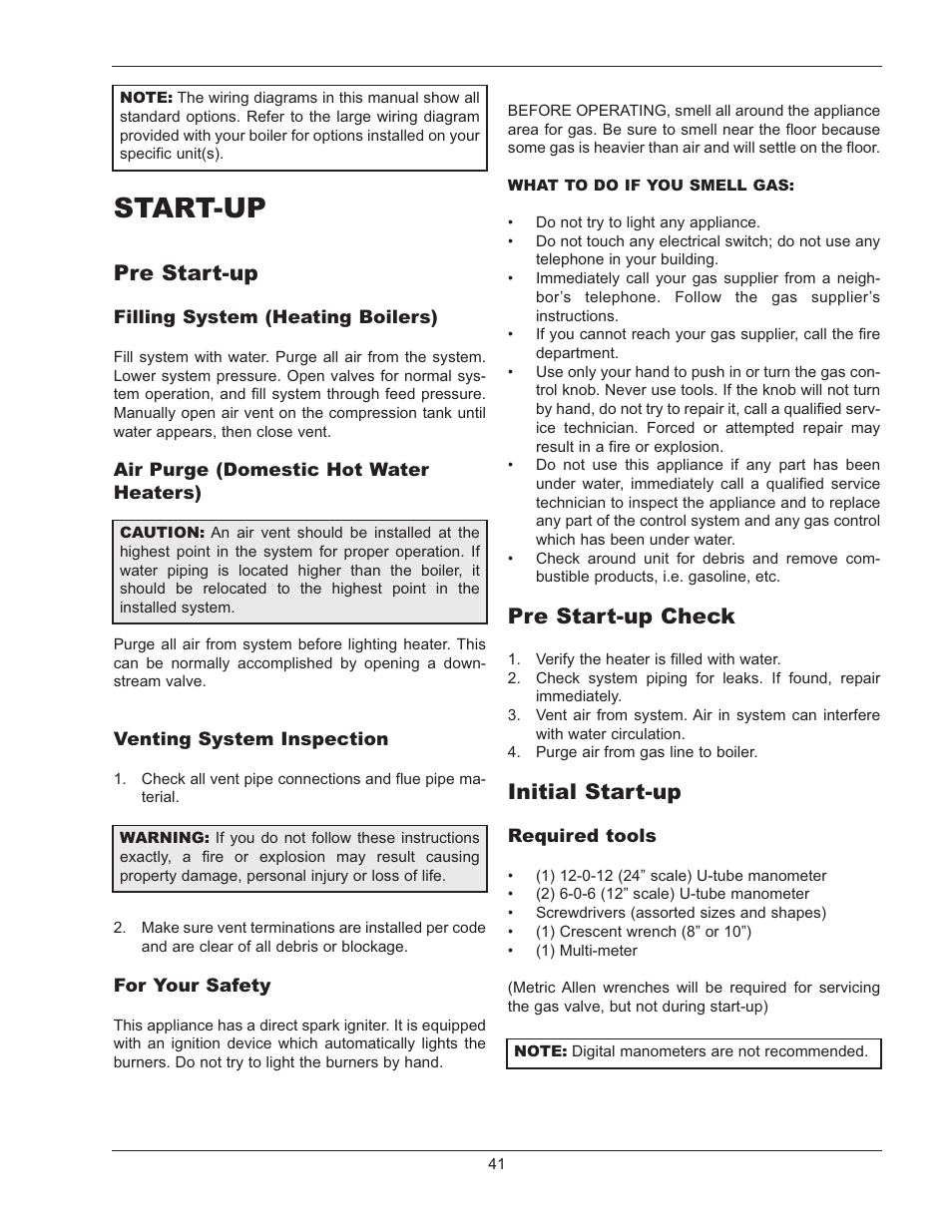 Start-up, Pre start-up, Pre start-up check | Initial start-up | Raypak 500 User Manual | Page 41 / 56