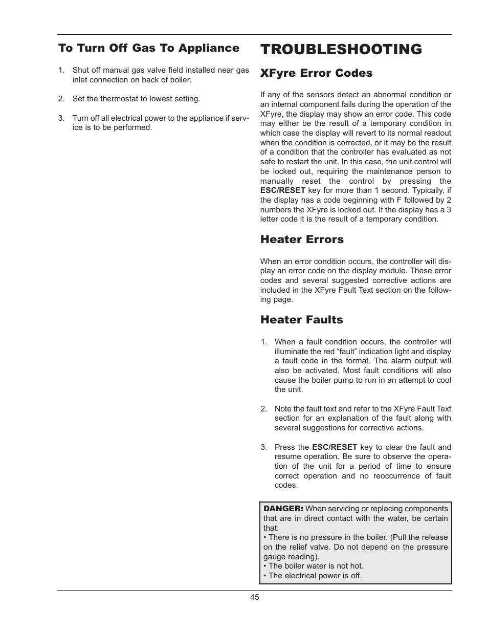 Troubleshooting, Xfyre error codes, Heater errors | Heater faults | Raypak 500 User Manual | Page 45 / 56