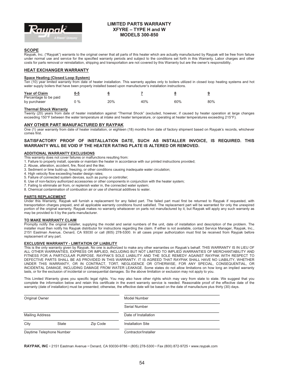 Raypak 500 User Manual | Page 54 / 56