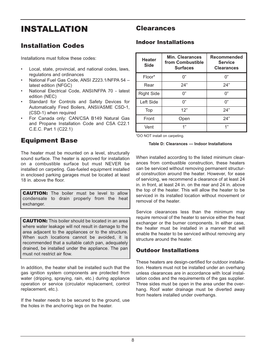 Installation, Installation codes, Equipment base | Clearances | Raypak 500 User Manual | Page 8 / 56