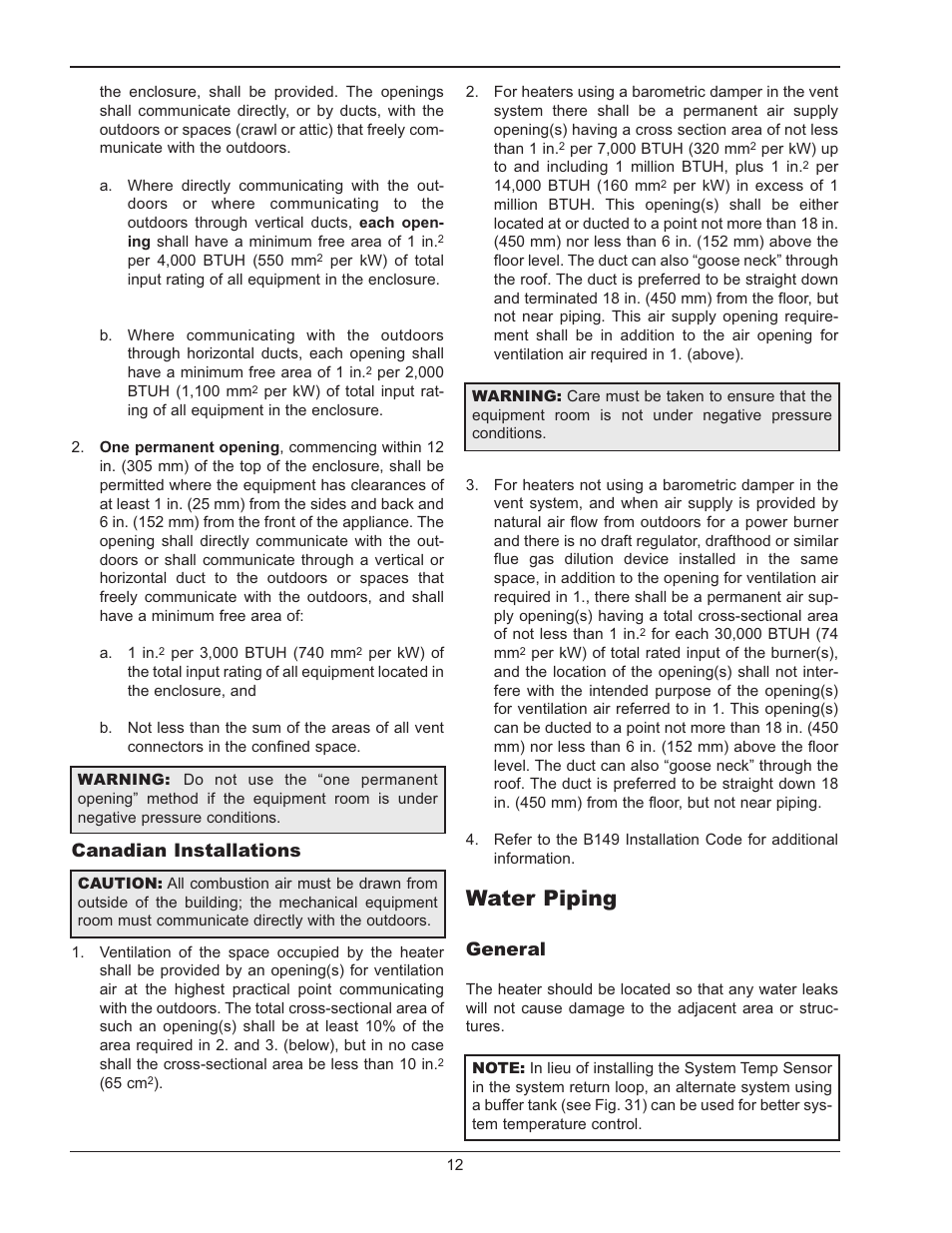 Water piping, Canadian installations, General | Raypak MVB 5042004 User Manual | Page 12 / 56