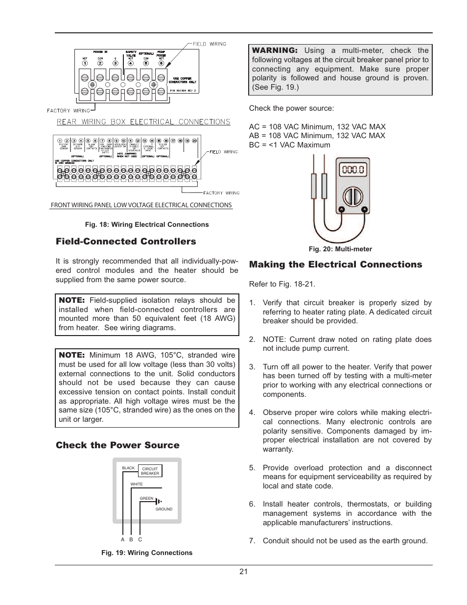 Making the electrical connections, Field-connected controllers, Check the power source | Raypak MVB 5042004 User Manual | Page 21 / 56