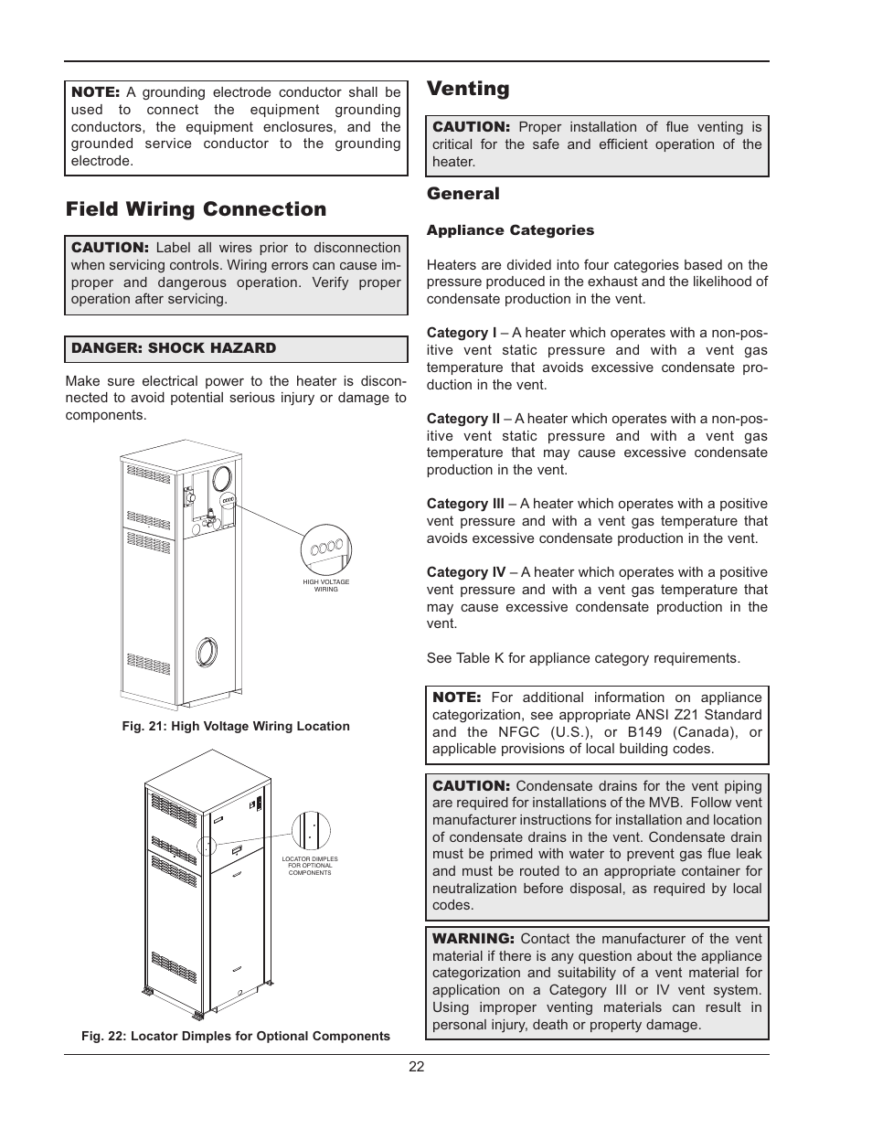 Field wiring connection venting, General | Raypak MVB 5042004 User Manual | Page 22 / 56