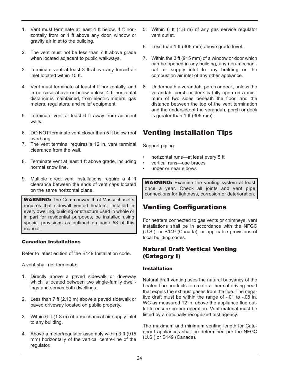 Venting installation tips, Venting configurations | Raypak MVB 5042004 User Manual | Page 24 / 56