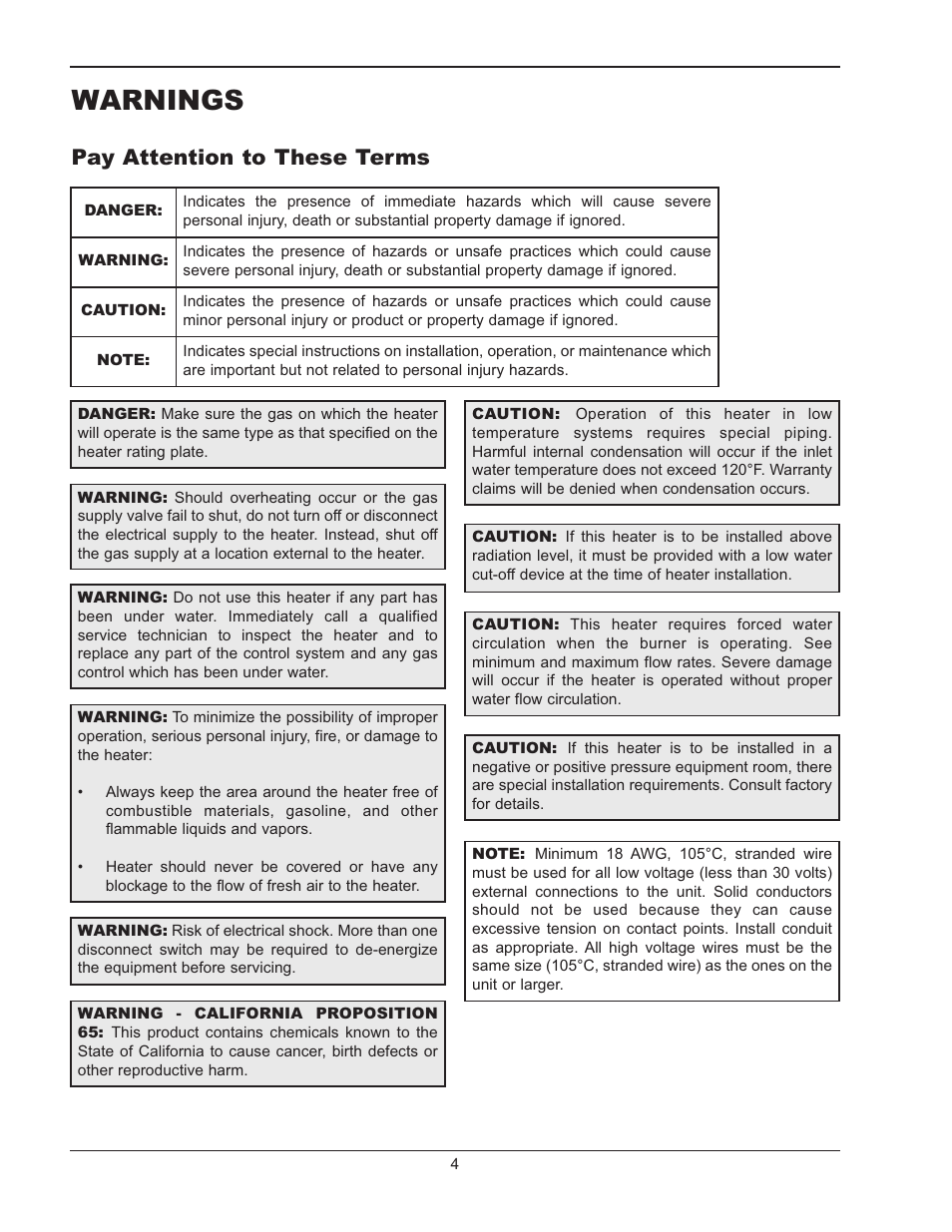 Warnings, Pay attention to these terms | Raypak MVB 5042004 User Manual | Page 4 / 56