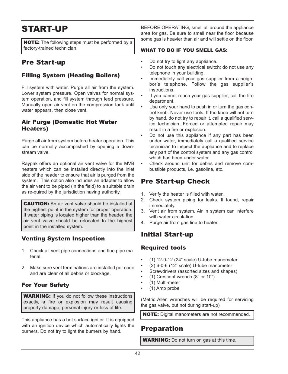 Start-up, Pre start-up, Pre start-up check | Initial start-up, Preparation | Raypak MVB 5042004 User Manual | Page 42 / 56