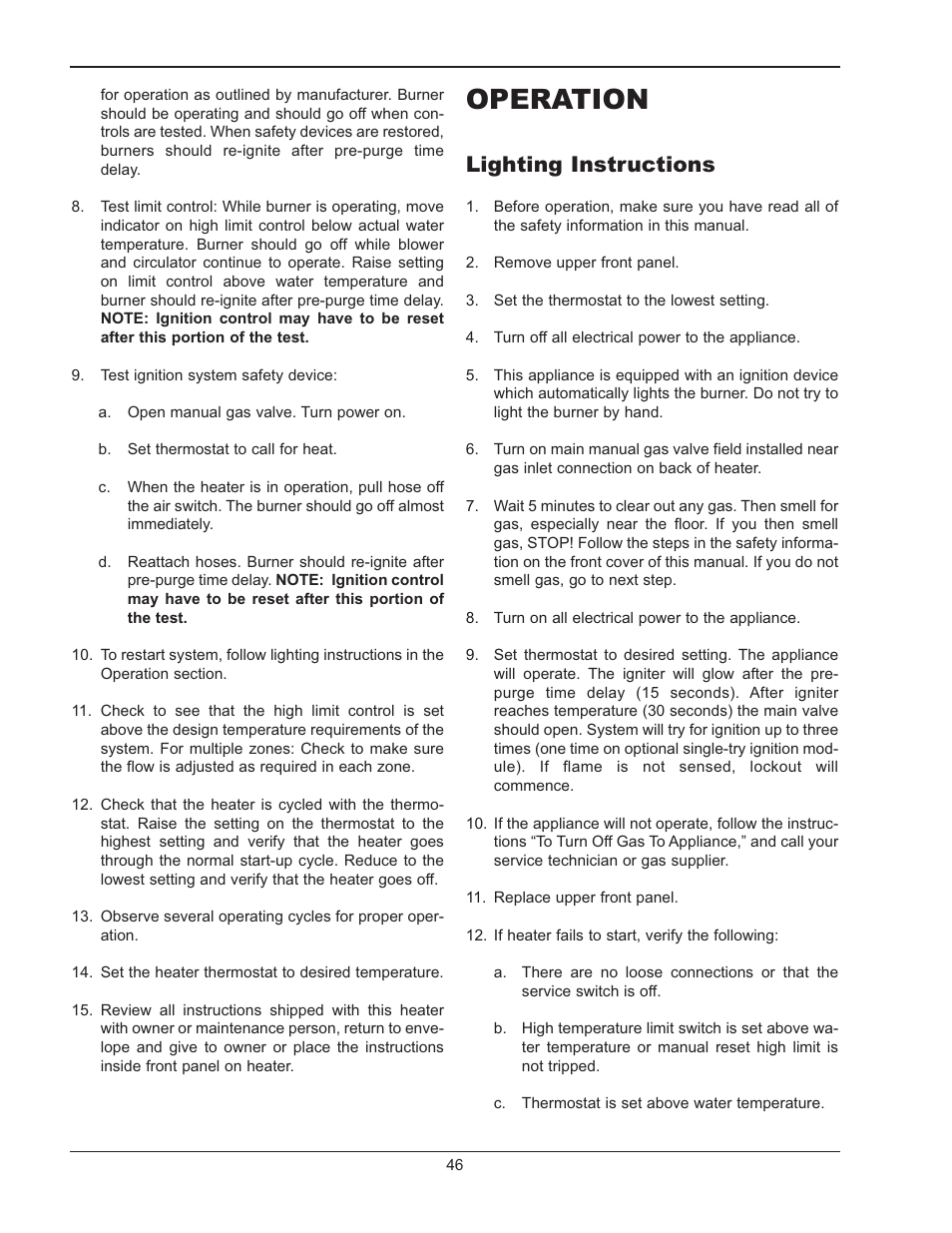 Operation, Lighting instructions | Raypak MVB 5042004 User Manual | Page 46 / 56